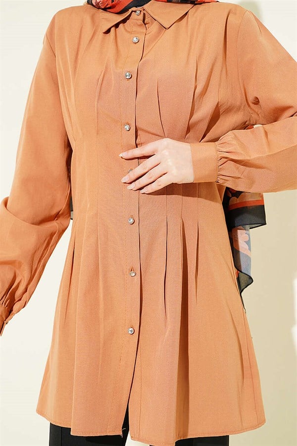 Camel Shirt with Waist Darts and Stone Buttons