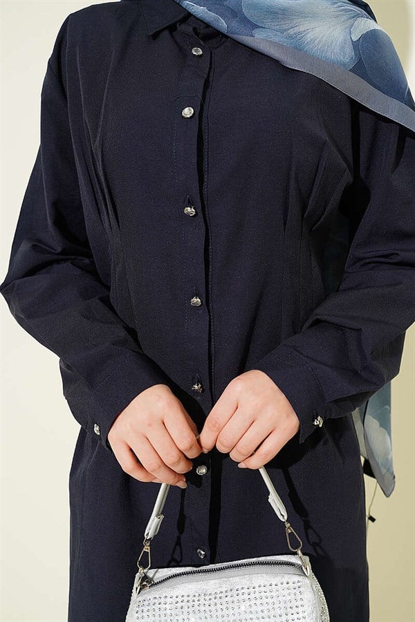 Navy Blue Shirt with Waist Darts and Stone Buttons