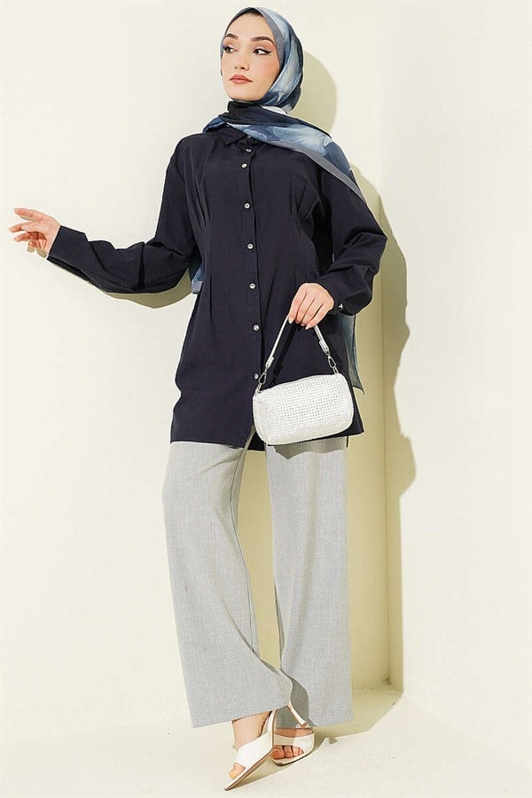 Navy Blue Shirt with Waist Darts and Stone Buttons