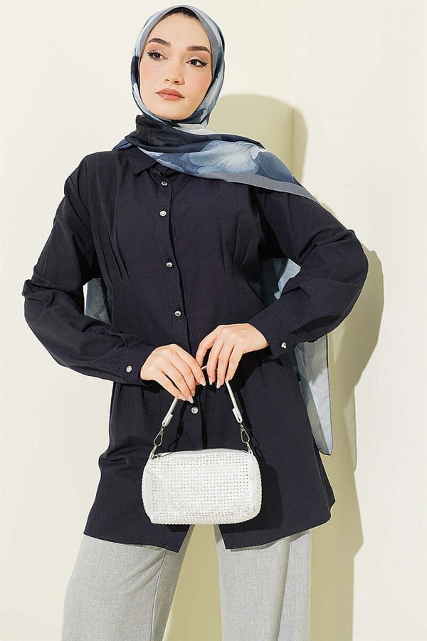 Navy Blue Shirt with Waist Darts and Stone Buttons