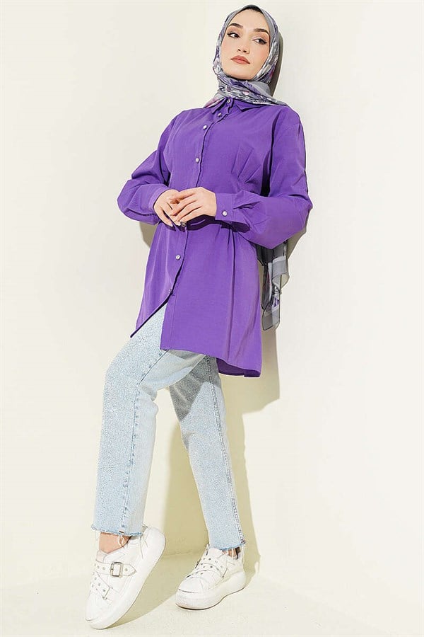 Purple Shirt with Waist Darts and Stone Buttons