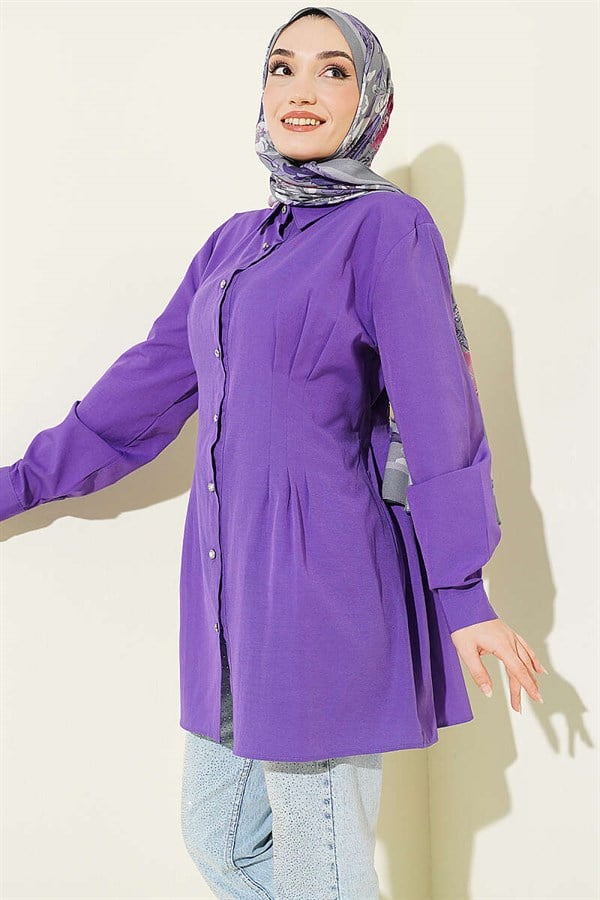 Purple Shirt with Waist Darts and Stone Buttons