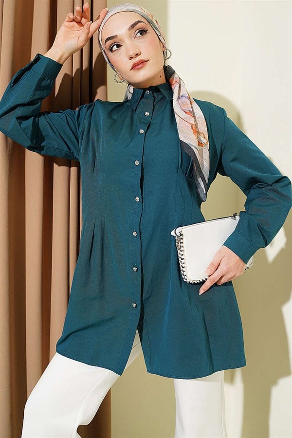 Shirt with Stone Buttons and Waist Darts, Petrol