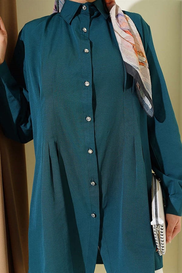 Shirt with Stone Buttons and Waist Darts, Petrol