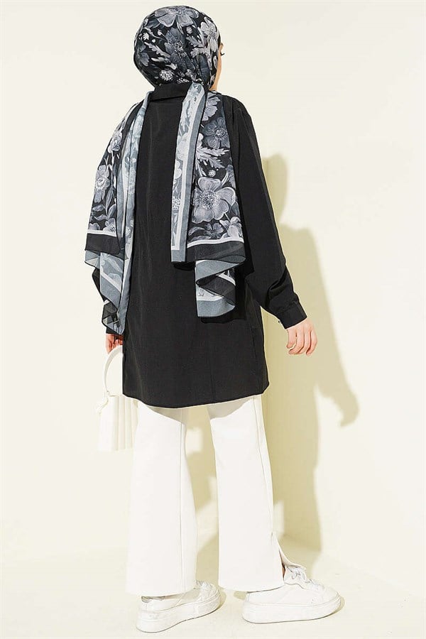 Black Shirt with Waist Darts and Stone Buttons