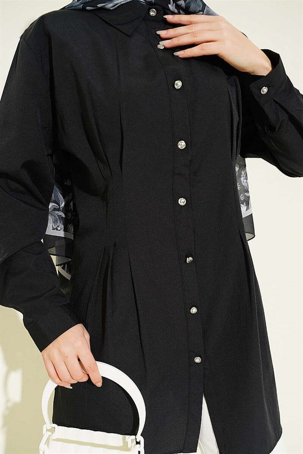 Black Shirt with Waist Darts and Stone Buttons