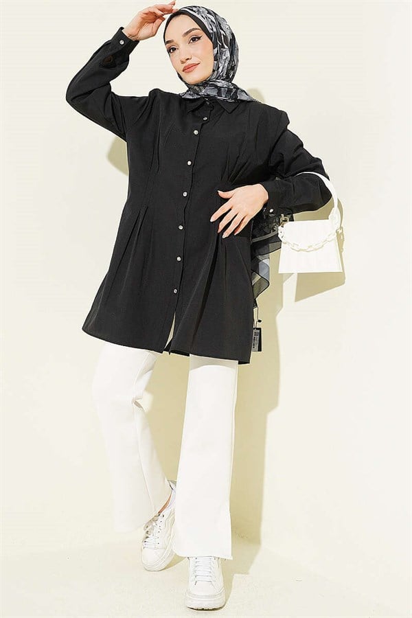 Black Shirt with Waist Darts and Stone Buttons