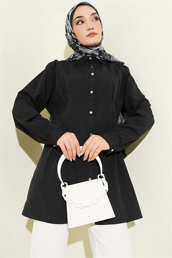 Black Shirt with Waist Darts and Stone Buttons