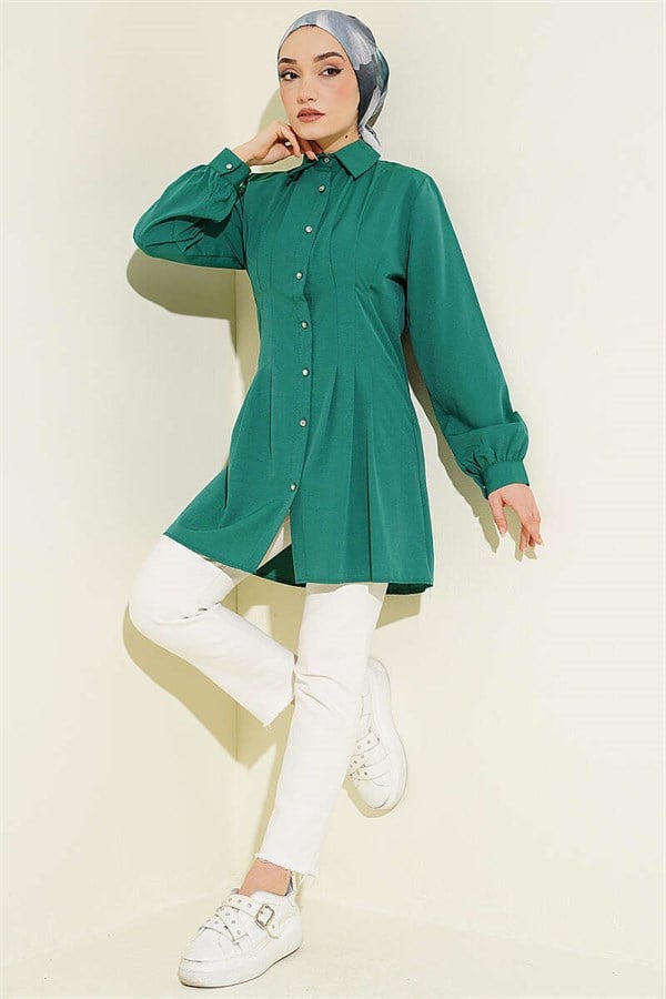 Shirt with Waist Darts and Stone Buttons, Emerald