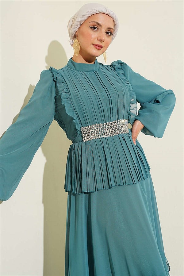 Chiffon Evening Dress with Rhinestone Embellishment and Ruffles, Light Green