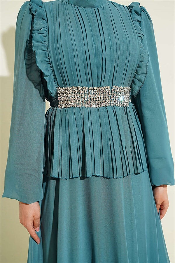 Chiffon Evening Dress with Rhinestone Embellishment and Ruffles, Light Green
