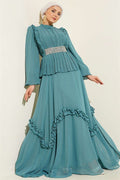 Chiffon Evening Dress with Rhinestone Embellishment and Ruffles, Light Green