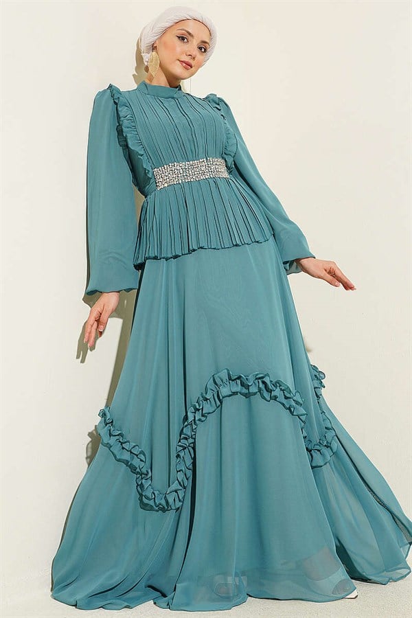 Chiffon Evening Dress with Rhinestone Embellishment and Ruffles, Light Green