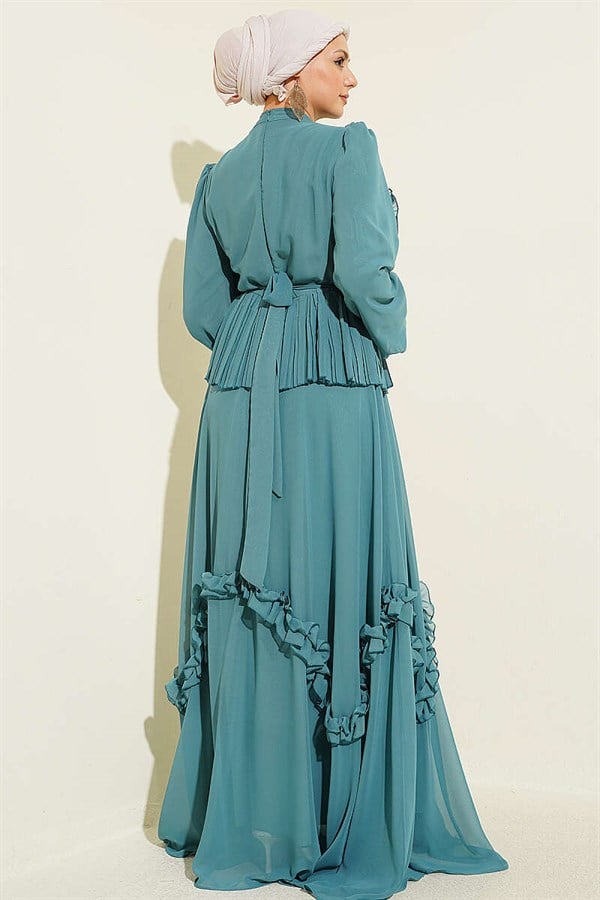 Chiffon Evening Dress with Rhinestone Embellishment and Ruffles, Light Green