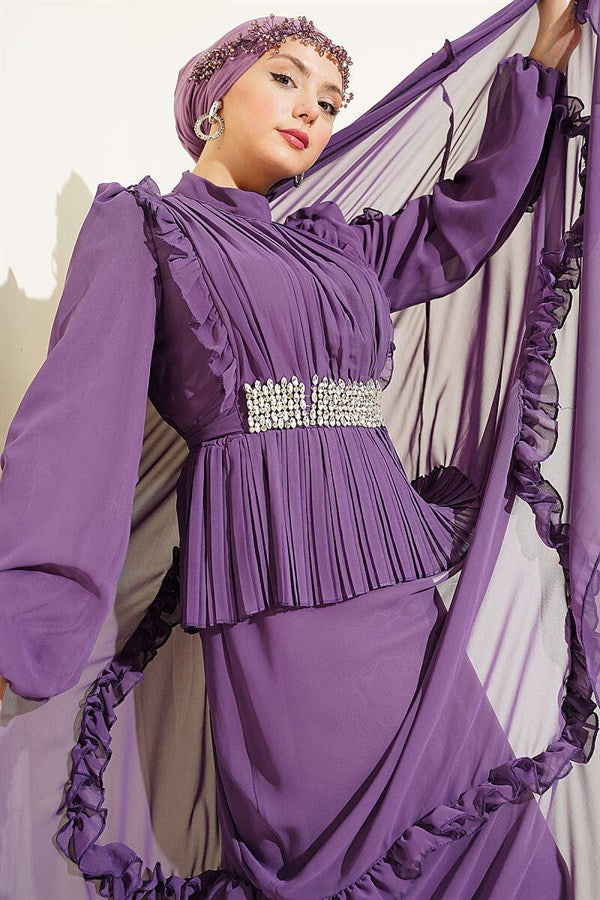 Lilac Chiffon Evening Dress with Rhinestone and Ruffled Waist