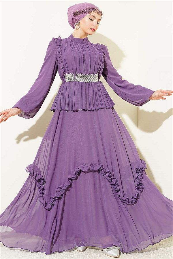Lilac Chiffon Evening Dress with Rhinestone and Ruffled Waist