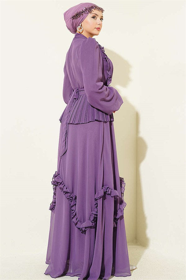 Lilac Chiffon Evening Dress with Rhinestone and Ruffled Waist