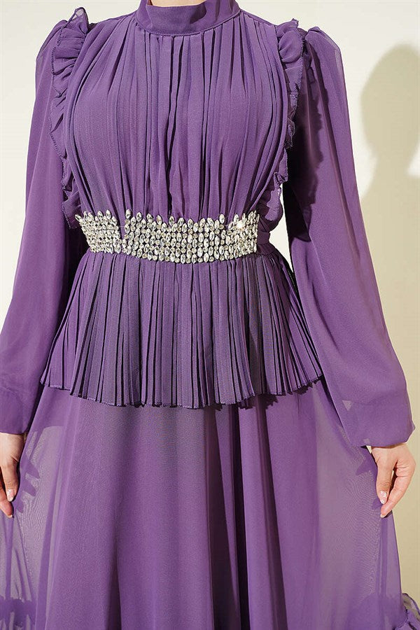 Lilac Chiffon Evening Dress with Rhinestone and Ruffled Waist