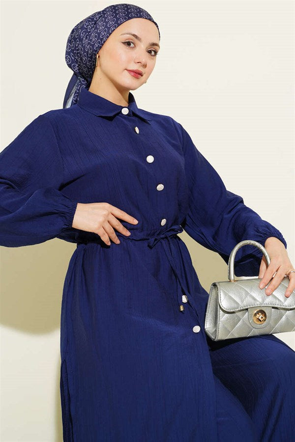 2 Piece Set, navy blue, with a long tunic and buttoned waist.