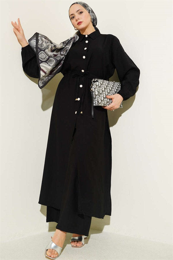 2 Piece Set with Buttoned Tunic and Tunic Waist, Black