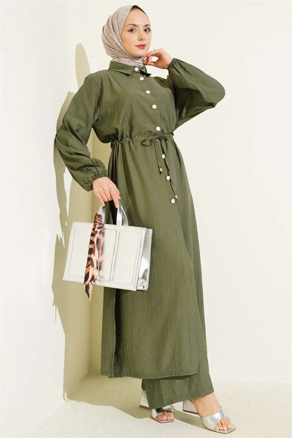 2 Piece Set with Buttoned Tunic and Tunic Waistband, Khaki