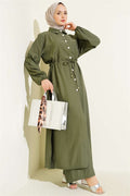 2 Piece Set with Buttoned Tunic and Tunic Waistband, Khaki