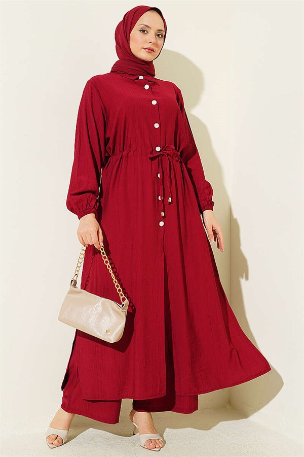 2 Piece Set with buttoned long tunic and tunnel waist, burgundy.