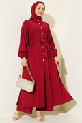 2 Piece Set with buttoned long tunic and tunnel waist, burgundy.