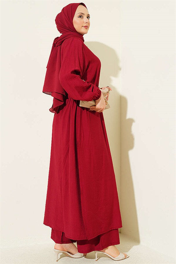 2 Piece Set with buttoned long tunic and tunnel waist, burgundy.