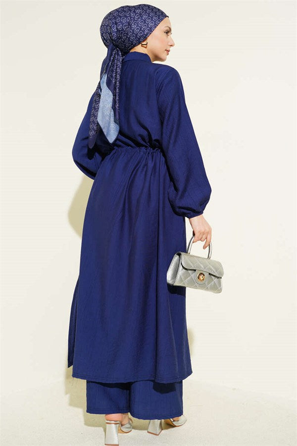2 Piece Set, navy blue, with a long tunic and buttoned waist.