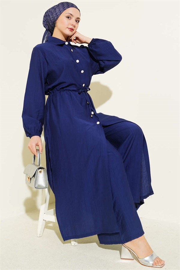 2 Piece Set, navy blue, with a long tunic and buttoned waist.