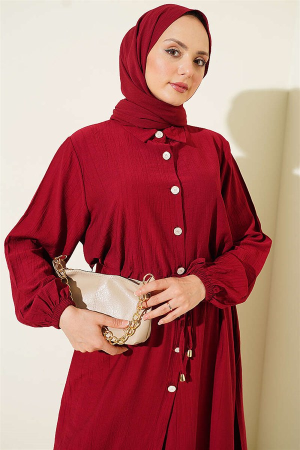 2 Piece Set with buttoned long tunic and tunnel waist, burgundy.