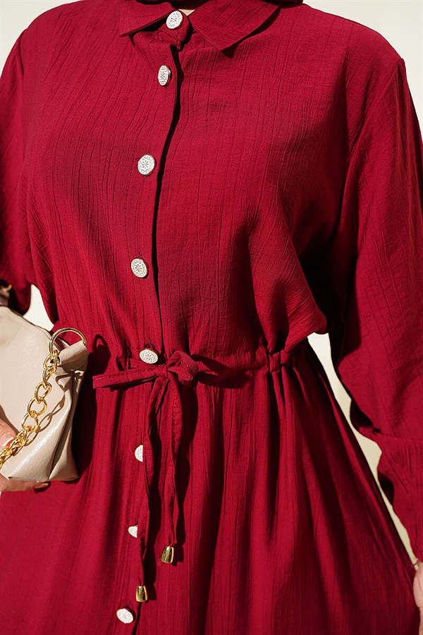2 Piece Set with buttoned long tunic and tunnel waist, burgundy.