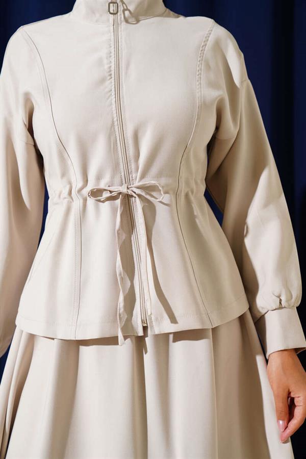 Tencel 2 Piece Set with Tunnel Waist and Skirt, Beige