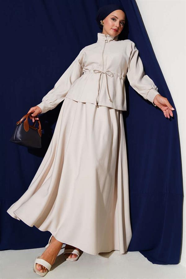 Tencel 2 Piece Set with Tunnel Waist and Skirt, Beige