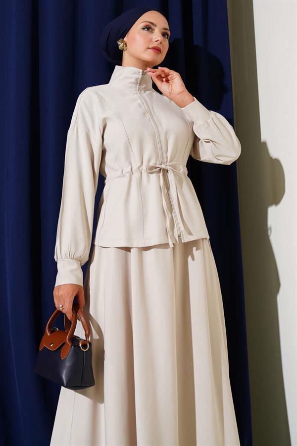 Tencel 2 Piece Set with Tunnel Waist and Skirt, Beige