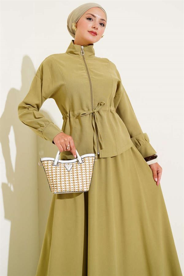 Tencel 2 Piece Set with Tunnel Waist and Skirt, Almond Green