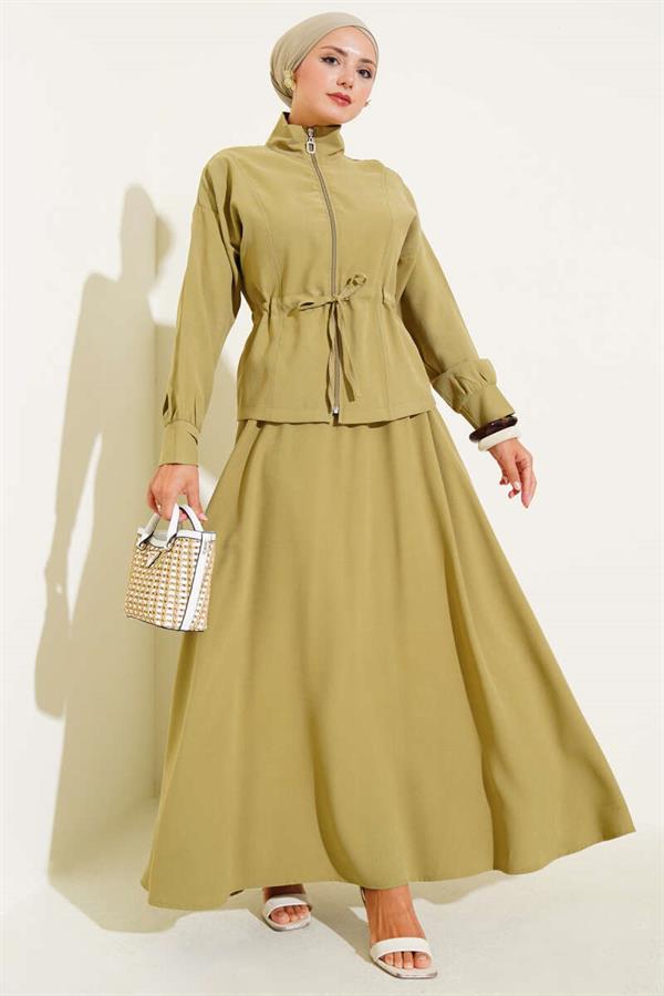 Tencel 2 Piece Set with Tunnel Waist and Skirt, Almond Green