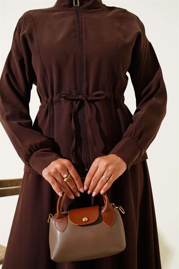 Tencel 2 Piece Set with Waist Tunnel and Skirt, Brown
