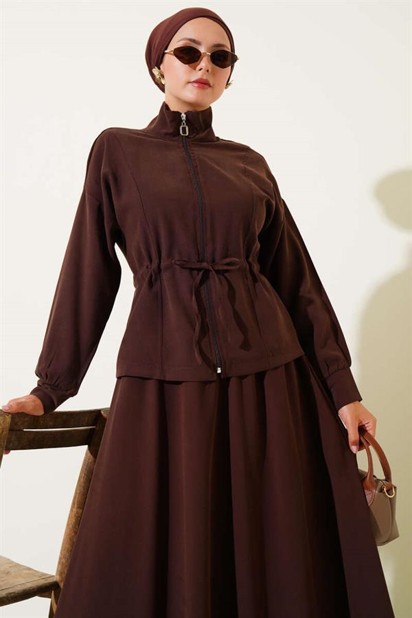 Tencel 2 Piece Set with Waist Tunnel and Skirt, Brown