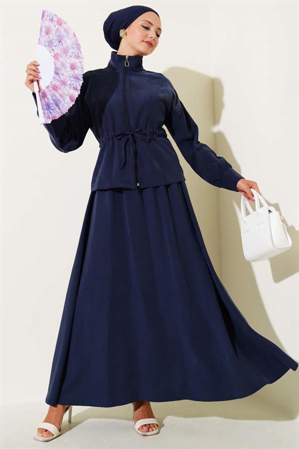 Tunnel Waist Skirted Tencel 2 Piece Set Navy Blue