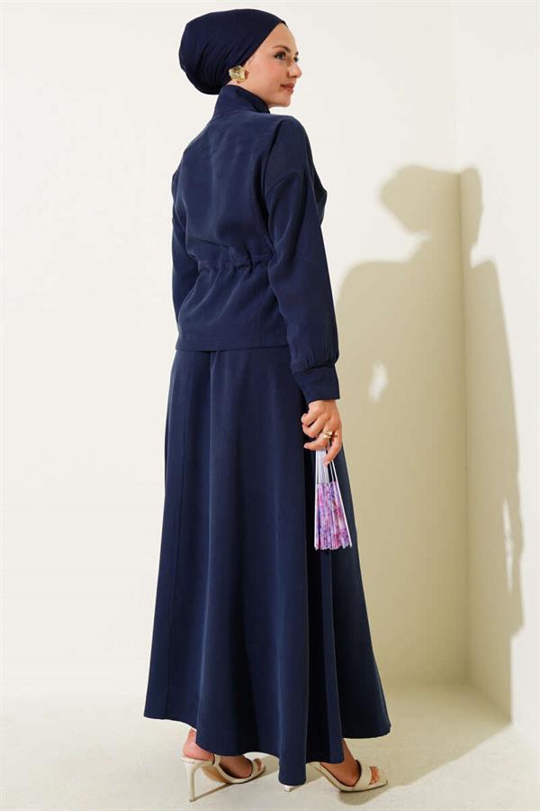 Tunnel Waist Skirted Tencel 2 Piece Set Navy Blue