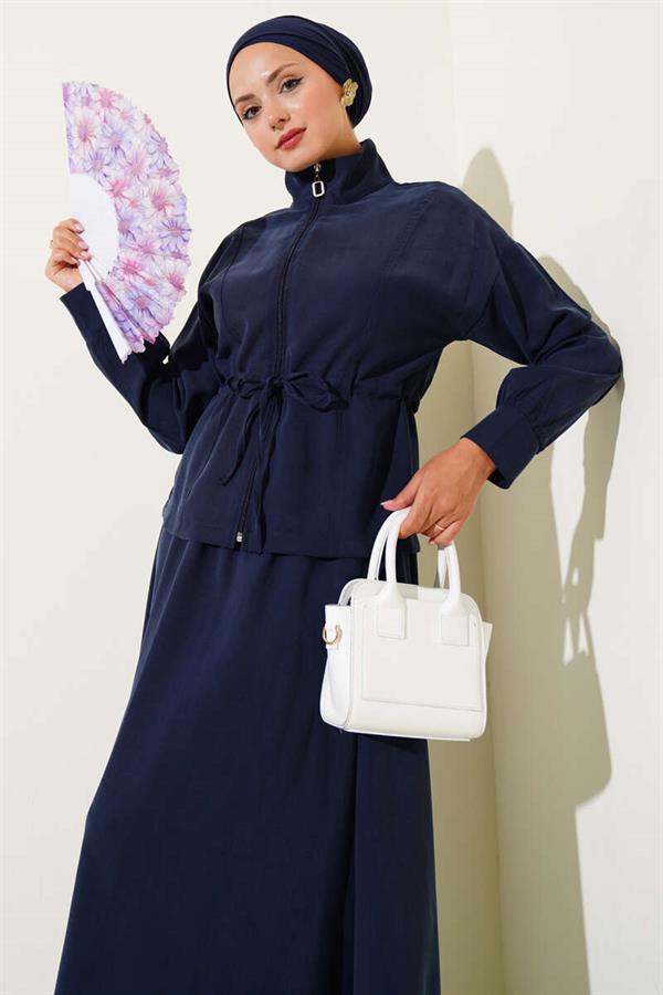 Tunnel Waist Skirted Tencel 2 Piece Set Navy Blue