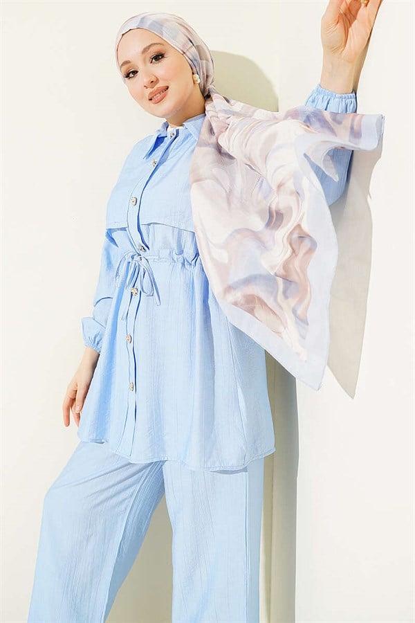 2 Piece Set with Tunnel Waist and Shirt Collar, Blue