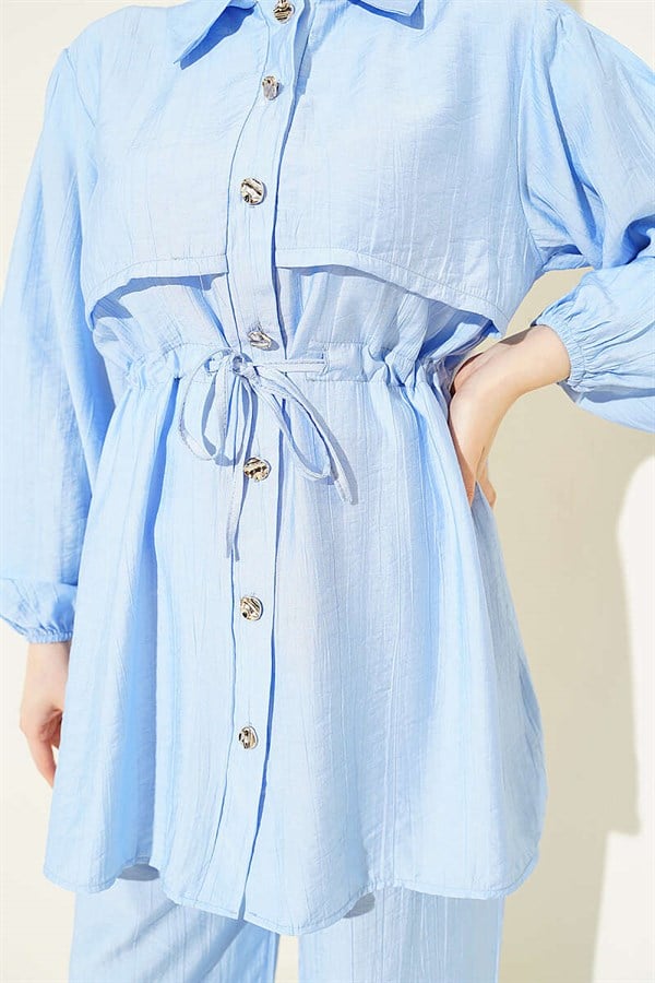 2 Piece Set with Tunnel Waist and Shirt Collar, Blue