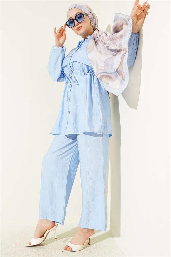 2 Piece Set with Tunnel Waist and Shirt Collar, Blue