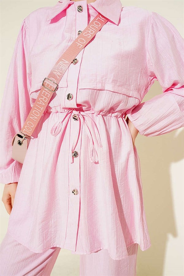2 Piece Set with Tunnel Waist and Shirt Collar, Pink