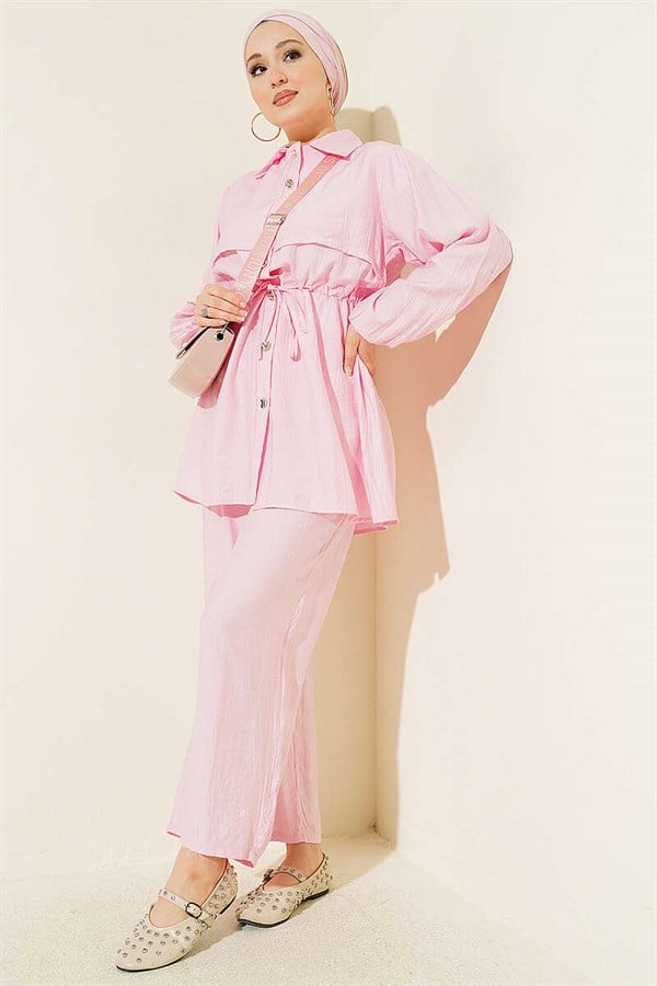 2 Piece Set with Tunnel Waist and Shirt Collar, Pink