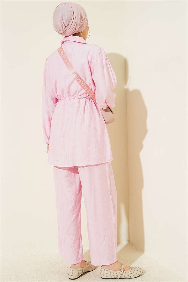 2 Piece Set with Tunnel Waist and Shirt Collar, Pink