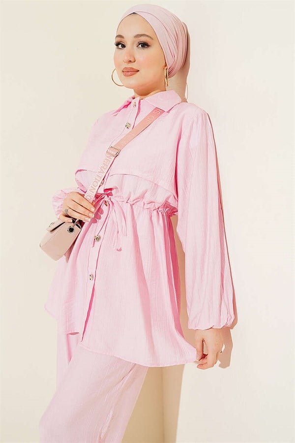 2 Piece Set with Tunnel Waist and Shirt Collar, Pink